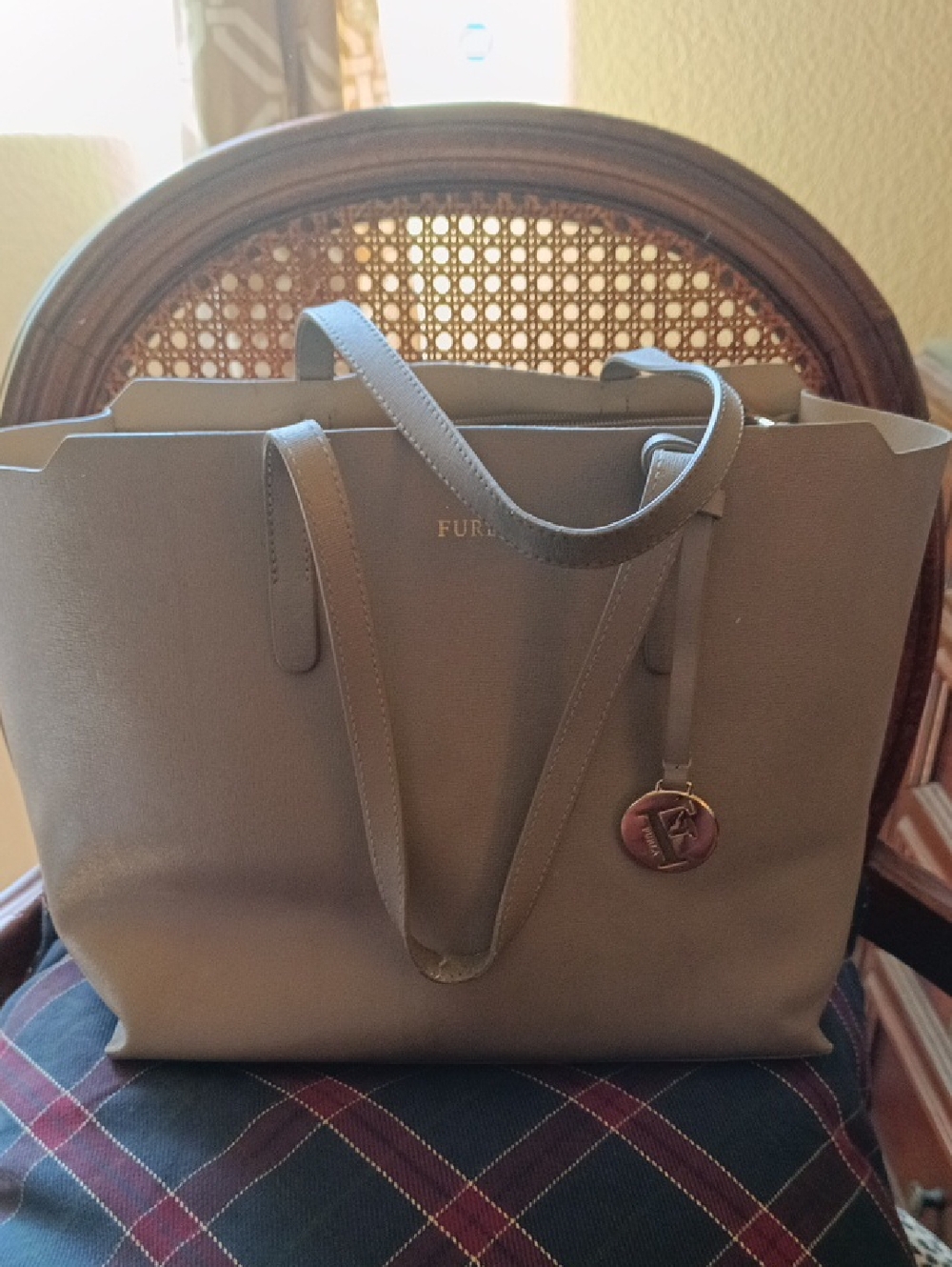 Furla Taupe Gray Leather Tote with Logo Charm